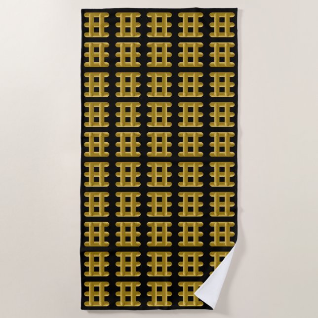 Wired Golden Cord Squared Pattern Gold On Black Beach Towel (Front)