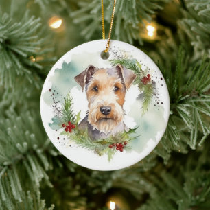 Wirefox Terrier Christmas Wreath Festive Pup  Ceramic Ornament