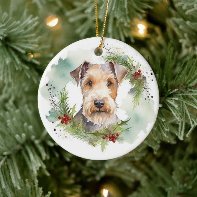 Wirefox Terrier Christmas Wreath Festive Pup  Ceramic Ornament (Tree)