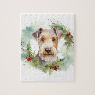 Wirefox Terrier Christmas Wreath Festive Pup  Jigsaw Puzzle