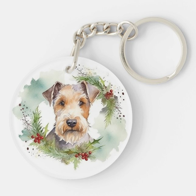 Wirefox Terrier Christmas Wreath Festive Pup  Keychain (Back)