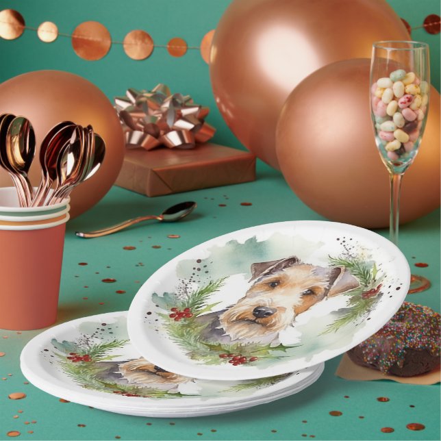 Wirefox Terrier Christmas Wreath Festive Pup  Paper Plates (Multi)