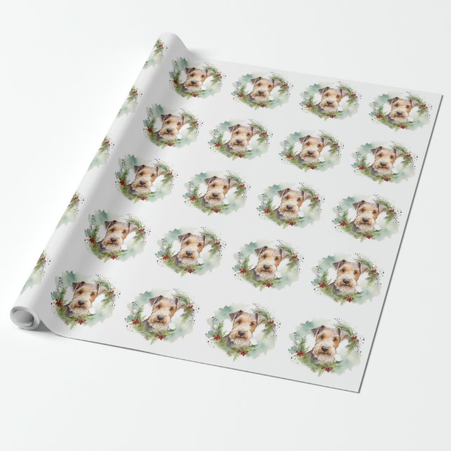 Wirefox Terrier Christmas Wreath Festive Pup  Wrapping Paper (Unrolled)