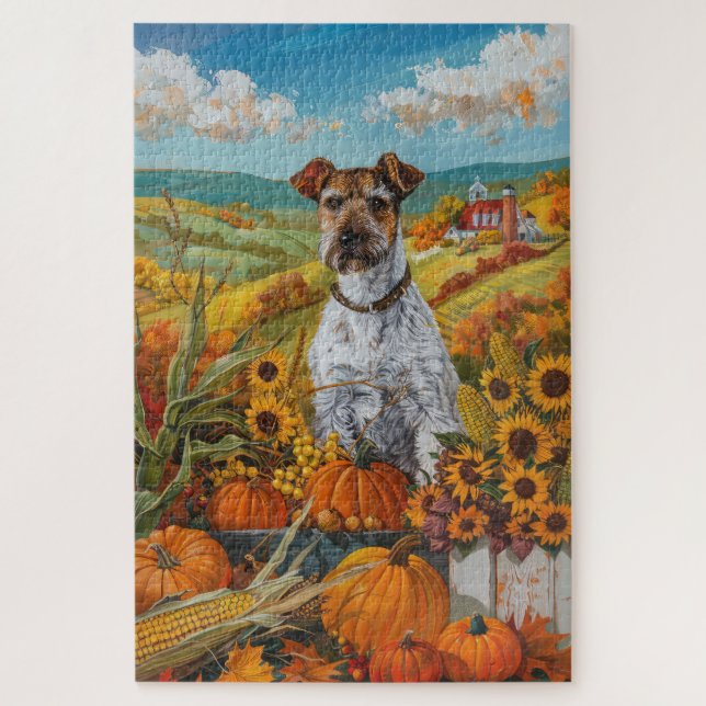 Wirefox Terrier Dog Autumn Harvest Thanksgiving Jigsaw Puzzle (Vertical)