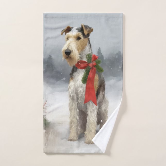 Wirefox Terrier Dog in Snow Christmas Bath Towel Set (Hand Towel)