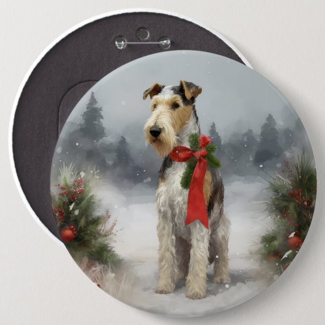Wirefox Terrier Dog in Snow Christmas Button (Front & Back)