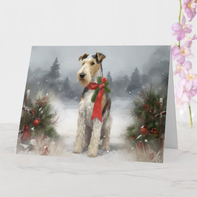 Wirefox Terrier Dog in Snow Christmas Card (Orchid)