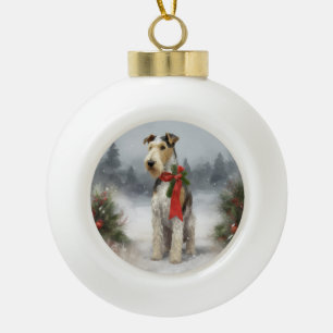 Wirefox Terrier Dog in Snow Christmas Ceramic Ball Christmas Ornament