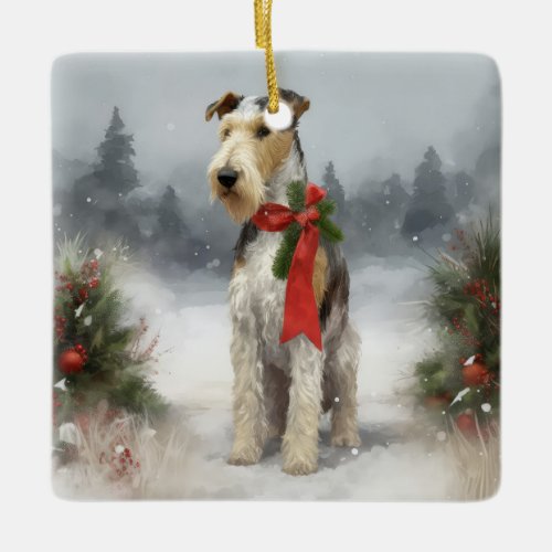 Wirefox Terrier Dog in Snow Christmas Ceramic Ornament