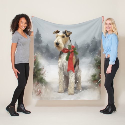 Wirefox Terrier Dog in Snow Christmas Fleece Blanket