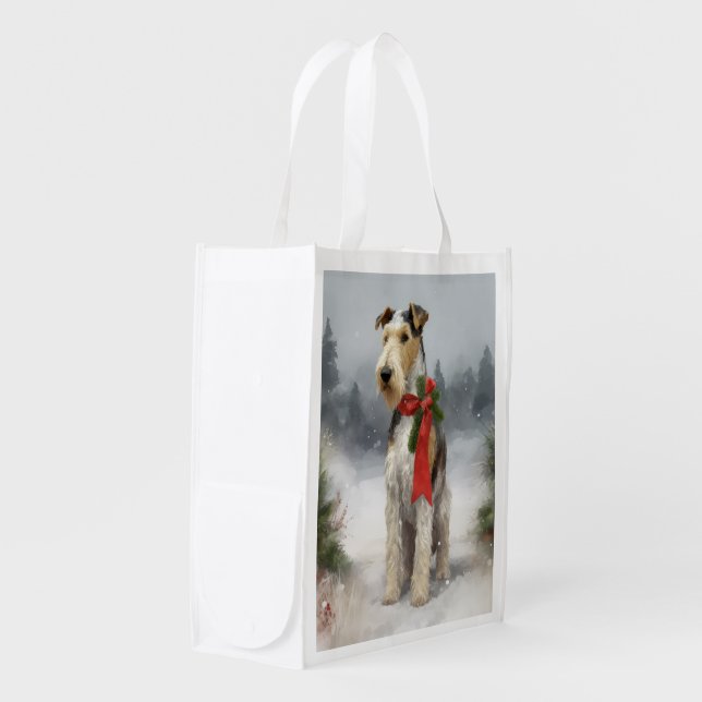Wirefox Terrier Dog in Snow Christmas Grocery Bag (Front Side)