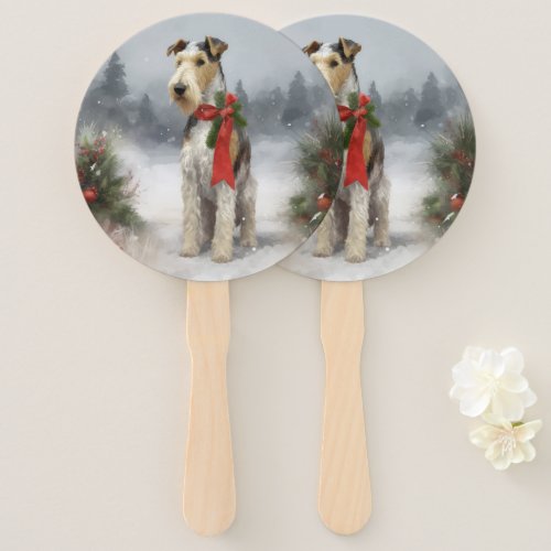 Wirefox Terrier Dog in Snow Christmas Hand Fan