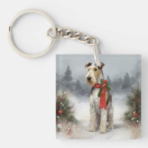 Wirefox Terrier Dog in Snow Christmas Keychain