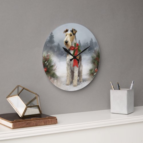 Wirefox Terrier Dog in Snow Christmas Large Clock