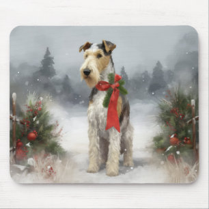 Wirefox Terrier Dog in Snow Christmas Mouse Pad