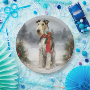 Wirefox Terrier Dog in Snow Christmas Paper Plates