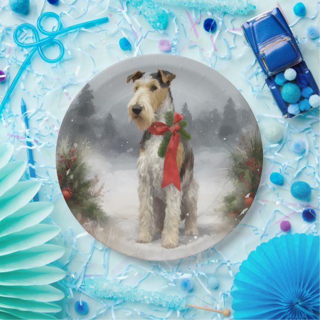 Wirefox Terrier Dog in Snow Christmas Paper Plates (Party)