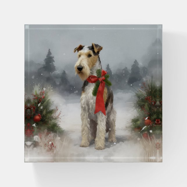 Wirefox Terrier Dog in Snow Christmas Paperweight (Front)