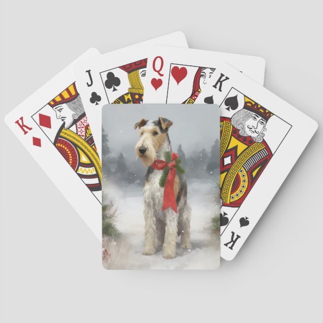 Wirefox Terrier Dog in Snow Christmas Poker Cards (Back)
