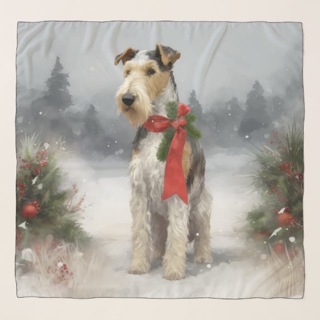 Wirefox Terrier Dog in Snow Christmas Scarf (Front)