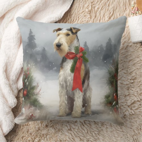 Wirefox Terrier Dog in Snow Christmas Throw Pillow