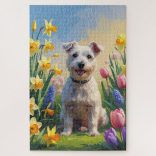 Wirefox Terrier Dog Spring Flowers Painting Jigsaw Puzzle