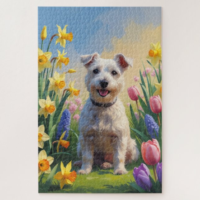 Wirefox Terrier Dog Spring Flowers Painting Jigsaw Puzzle (Vertical)