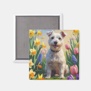 Wirefox Terrier Dog Spring Flowers Painting Magnet