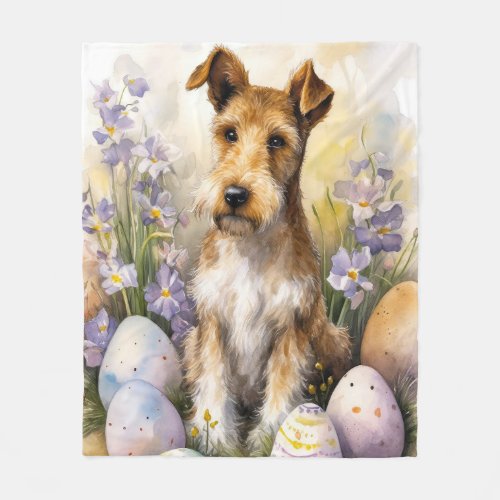Wirefox Terrier Dog With Easter Eggs Holiday Fleece Blanket