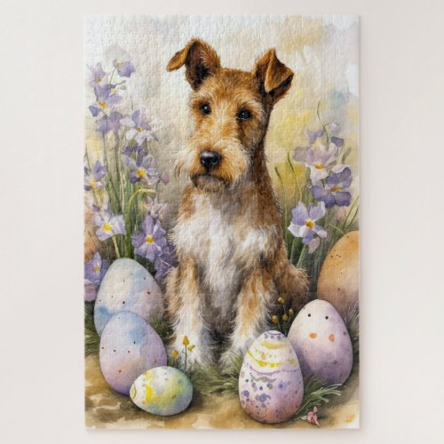 Wirefox Terrier Dog With Easter Eggs Holiday Jigsaw Puzzle