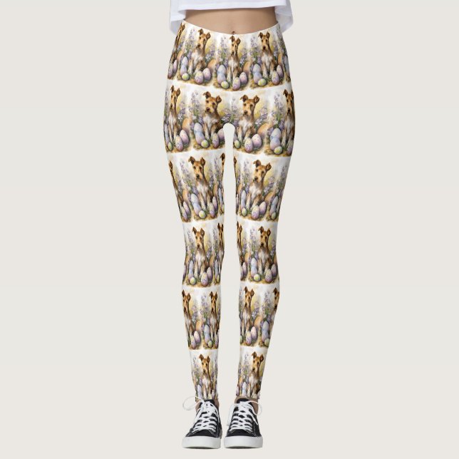 Wirefox Terrier Dog With Easter Eggs Holiday Leggings (Front)