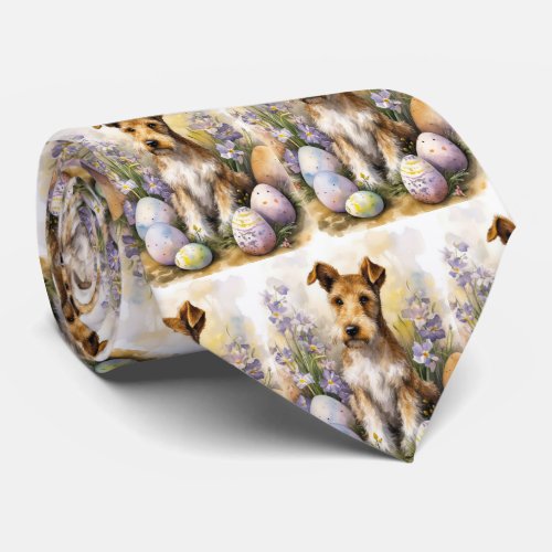 Wirefox Terrier Dog With Easter Eggs Holiday Neck Tie