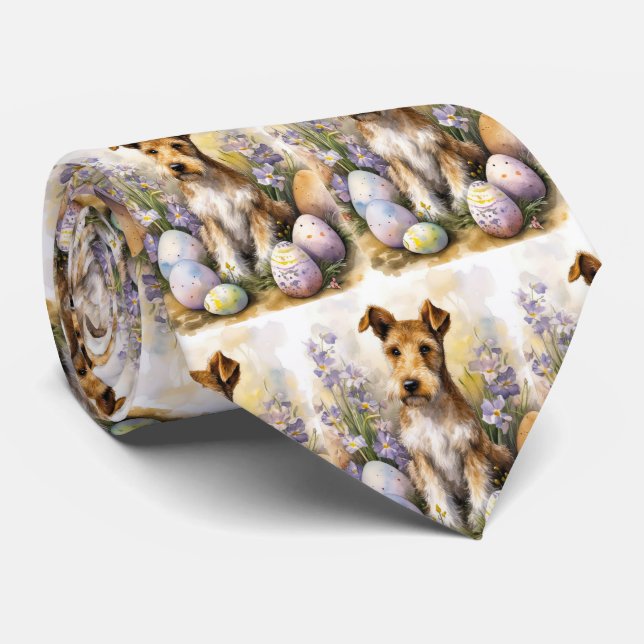 Wirefox Terrier Dog With Easter Eggs Holiday Neck Tie (Rolled)