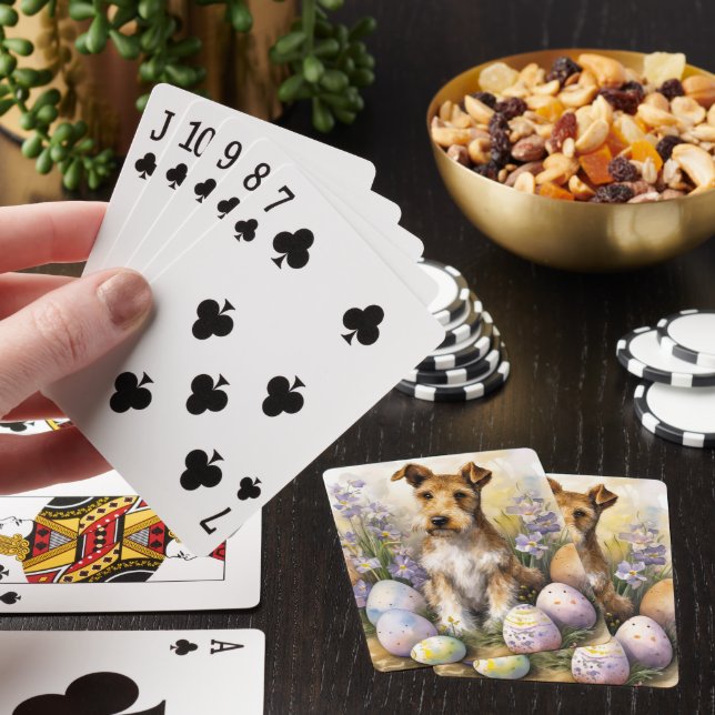 Wirefox Terrier Dog With Easter Eggs Holiday Poker Cards (In Situ)