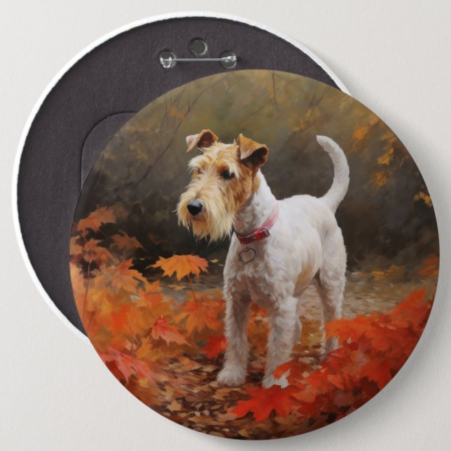 Wirefox Terrier in Autumn Leaves Fall Inspire  Button (Front & Back)