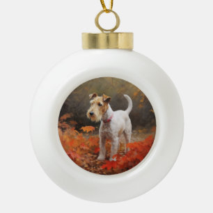 Wirefox Terrier in Autumn Leaves Fall Inspire  Ceramic Ball Christmas Ornament