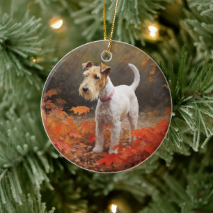 Wirefox Terrier in Autumn Leaves Fall Inspire  Ceramic Ornament