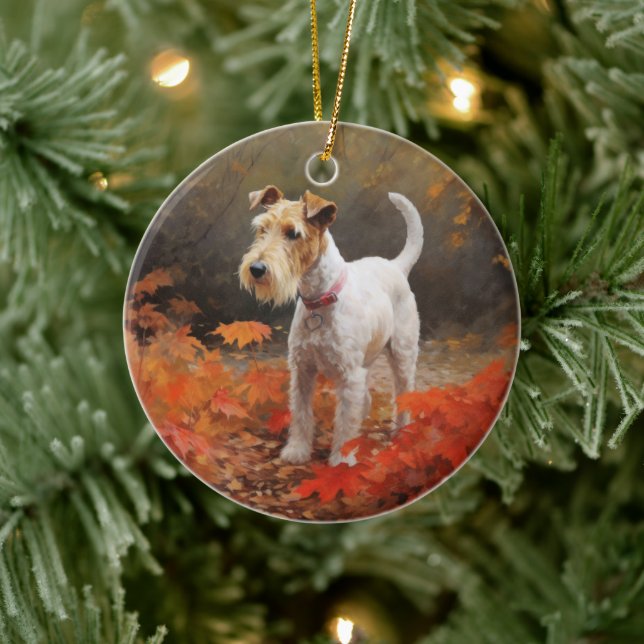 Wirefox Terrier in Autumn Leaves Fall Inspire  Ceramic Ornament (Tree)