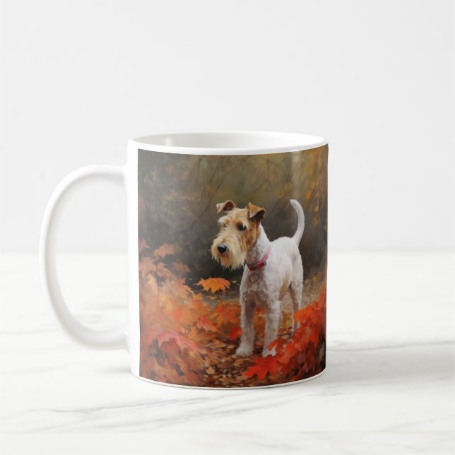 Wirefox Terrier in Autumn Leaves Fall Inspire  Coffee Mug (Left)