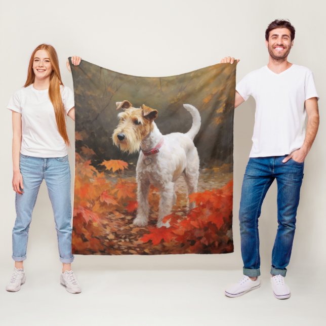 Wirefox Terrier in Autumn Leaves Fall Inspire  Fleece Blanket (In Situ)