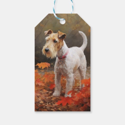 Wirefox Terrier in Autumn Leaves Fall Inspire  Gift Tags