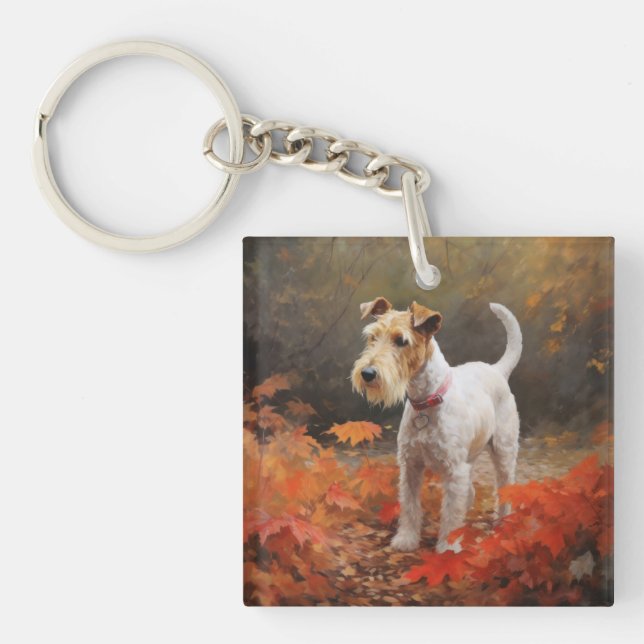 Wirefox Terrier in Autumn Leaves Fall Inspire  Keychain (Front)