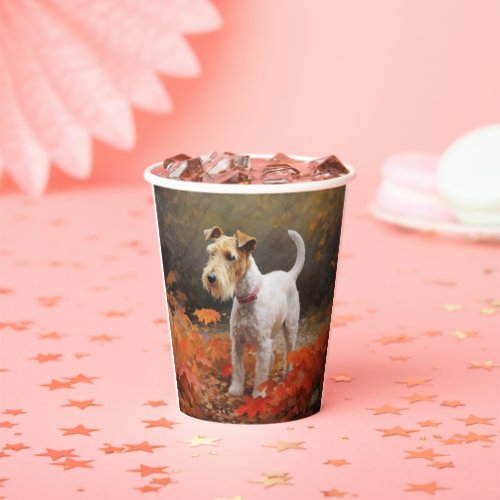 Wirefox Terrier in Autumn Leaves Fall Inspire  Paper Cups