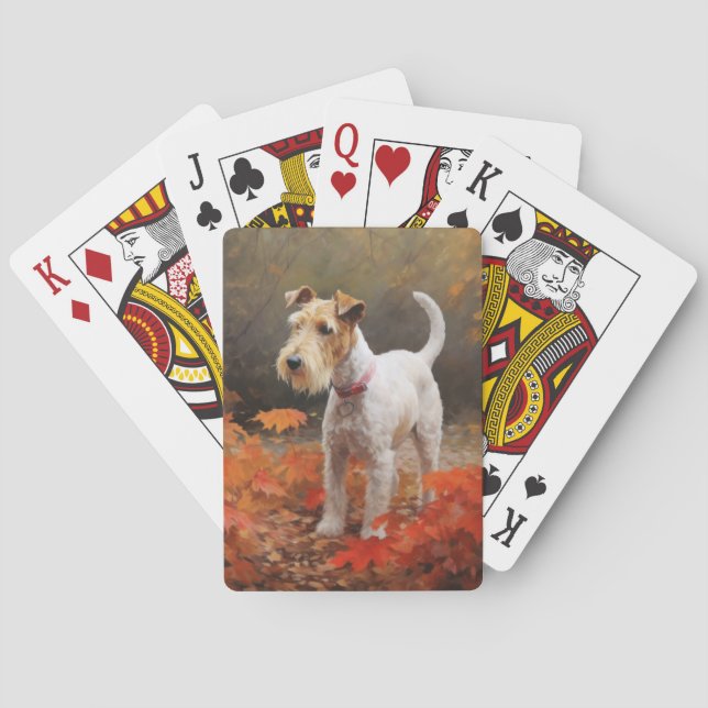 Wirefox Terrier in Autumn Leaves Fall Inspire  Poker Cards (Back)