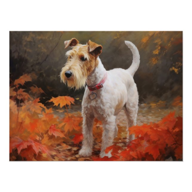 Wirefox Terrier in Autumn Leaves Fall Inspire  Poster (Front)