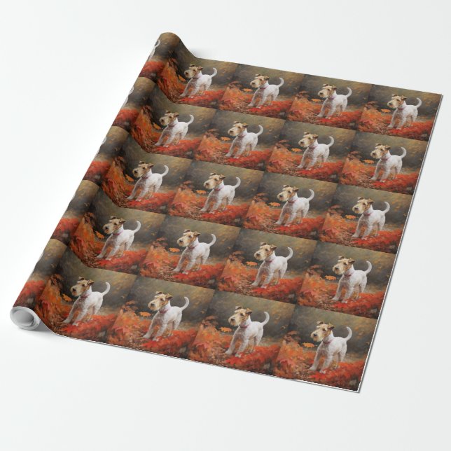 Wirefox Terrier in Autumn Leaves Fall Inspire  Wrapping Paper (Unrolled)