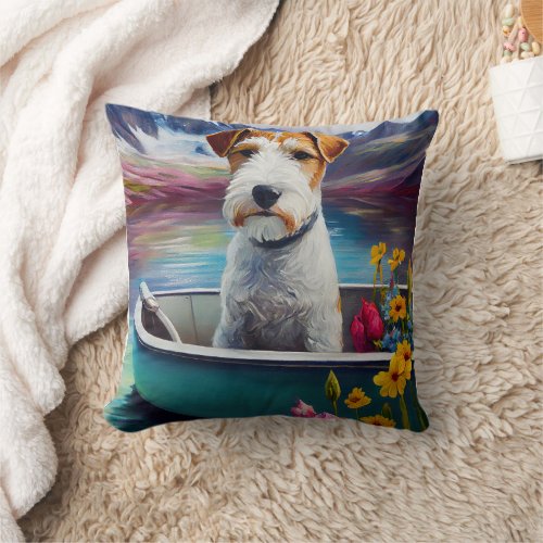 Wirefox Terrier on a Paddle A Scenic Adventure Throw Pillow