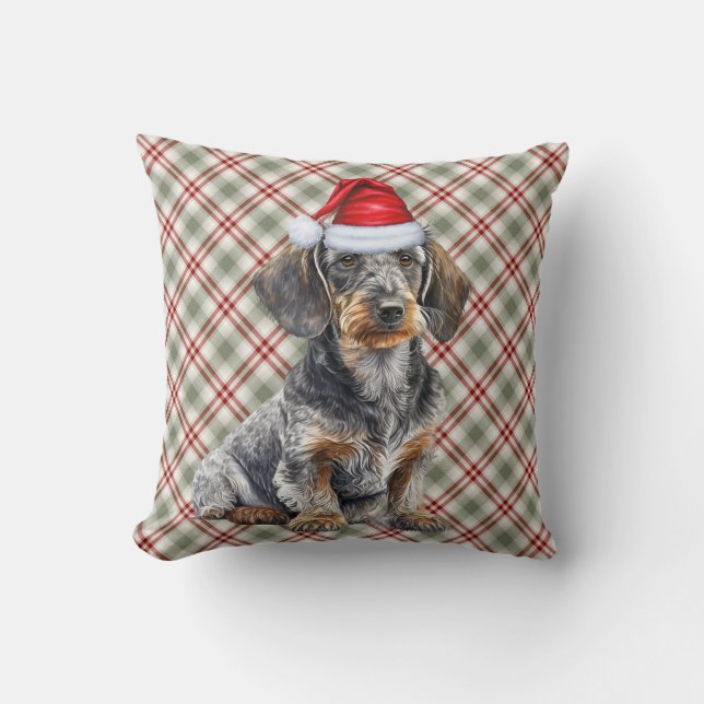 Wirehair Dachshund and Holiday Plaid Christmas Dog Throw Pillow (Front)