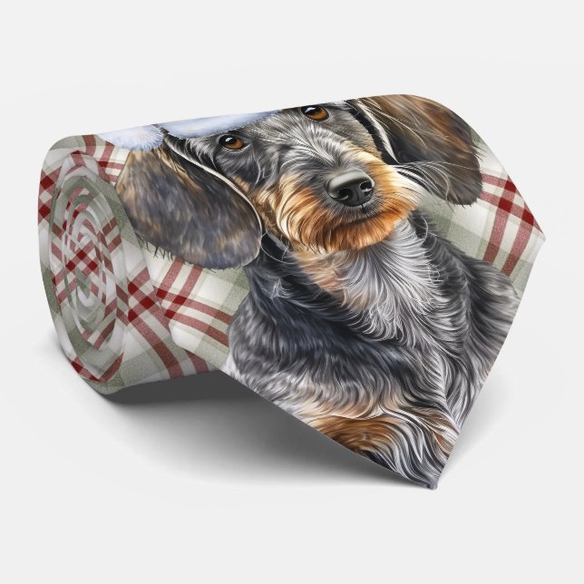 Wirehair Dachshund Dog Holiday Plaid Christmas Neck Tie (Rolled)