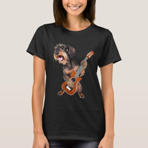 Wirehair Dachshund Dog Playing Guitar T_Shirt